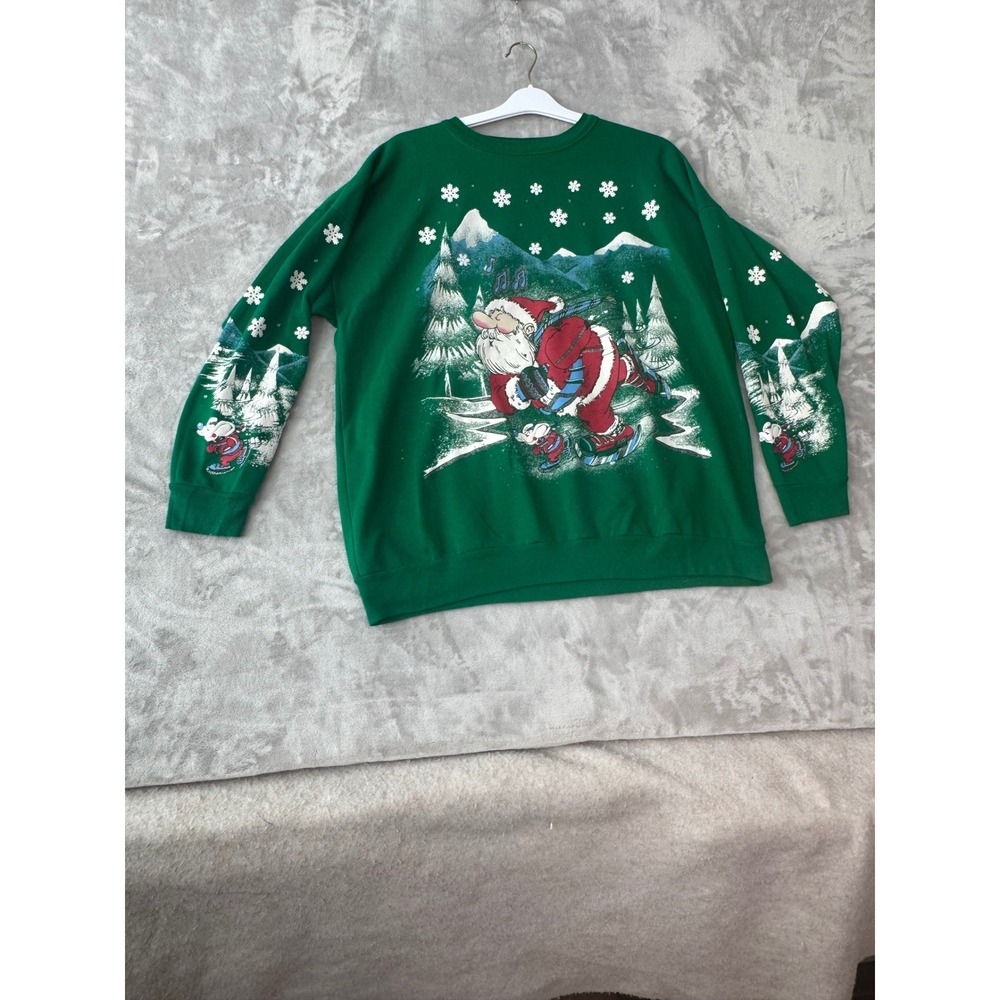 Vintage Christmas On Mainstreet Santa Skiing Sweatshirt Green Size 18W USA Made